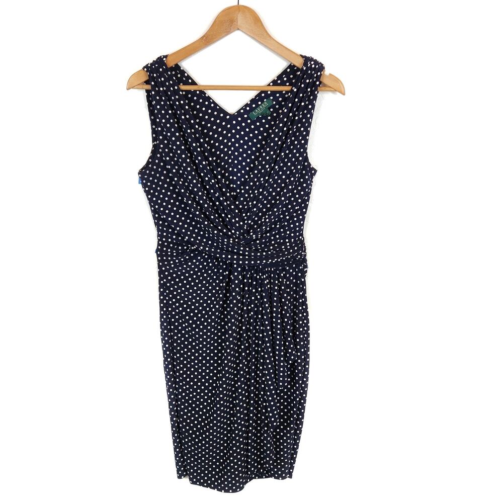 Lauren Ralph Lauren Women's Stretch Knit Sleeveless Polka Dot Dress Navy Blue 12